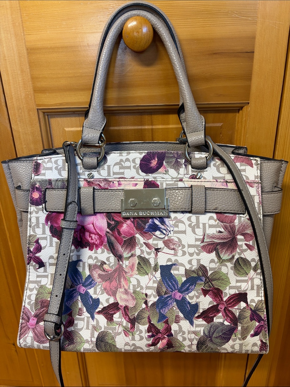 Dana Buchman Floral Logo Satchel Crossbody in Taupe/Grey, Pink, Purple, Blue